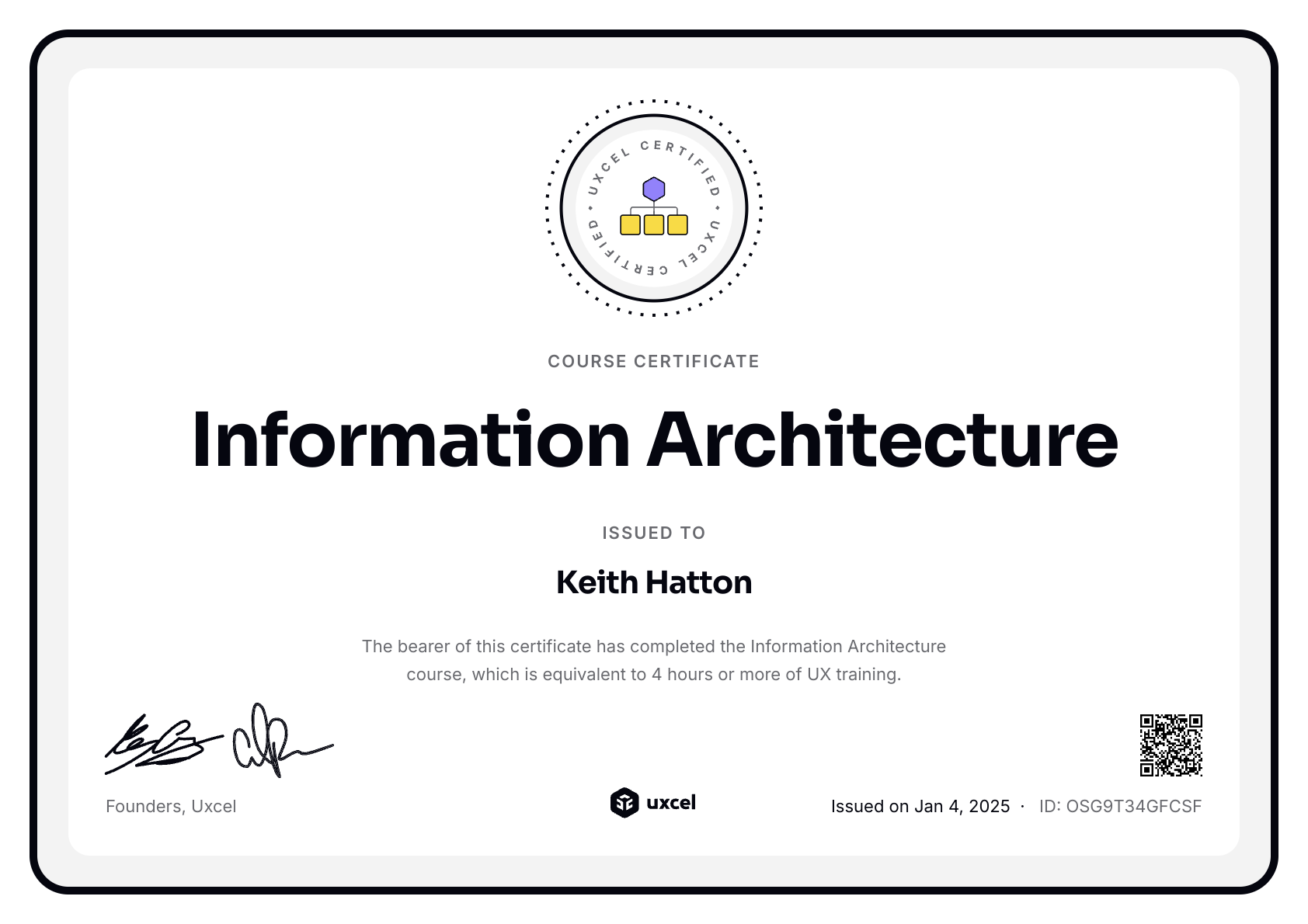 Keith Hatton's certificate